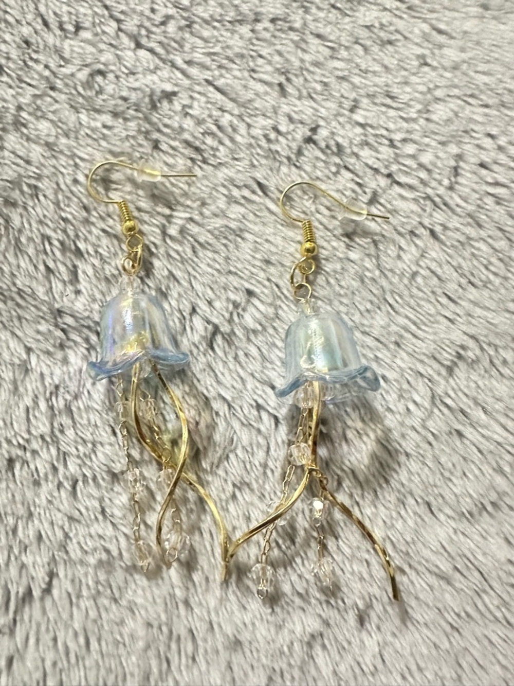Iridescent Blue Jellyfish Bell Drop Earrings with Gold Accents